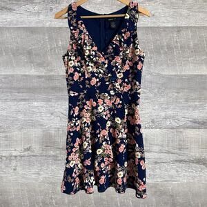 Teeze Me Floral Fit & Flare Ruffle Mini Dress Womens Juniors 9/10 Navy V-Neck